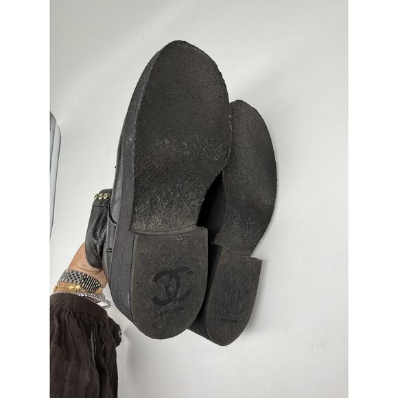 Chanel Leather Interlocking CC Logo Lace Up Combat Boots Black Women's Size 37 - Picture 9 of 10